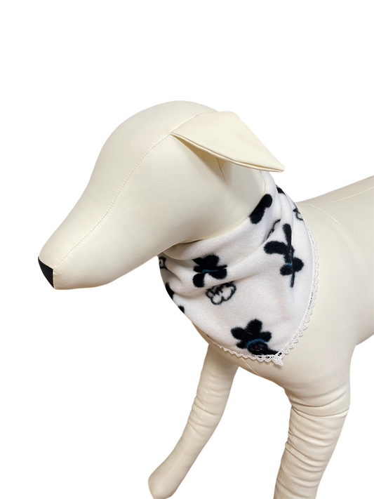 White dog bandana with black rabbit pattern, made from soft natural fabric